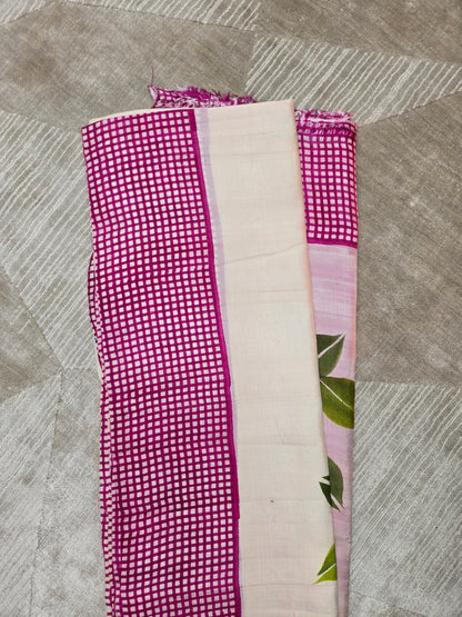 White Pink Printed Silk Saree