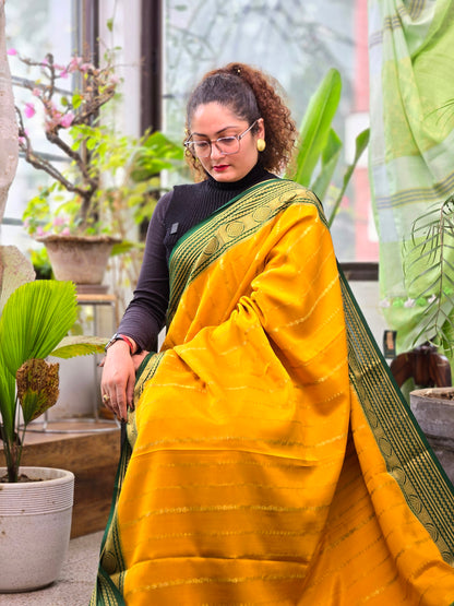 Yellow Green Mysore Crepe Silk saree