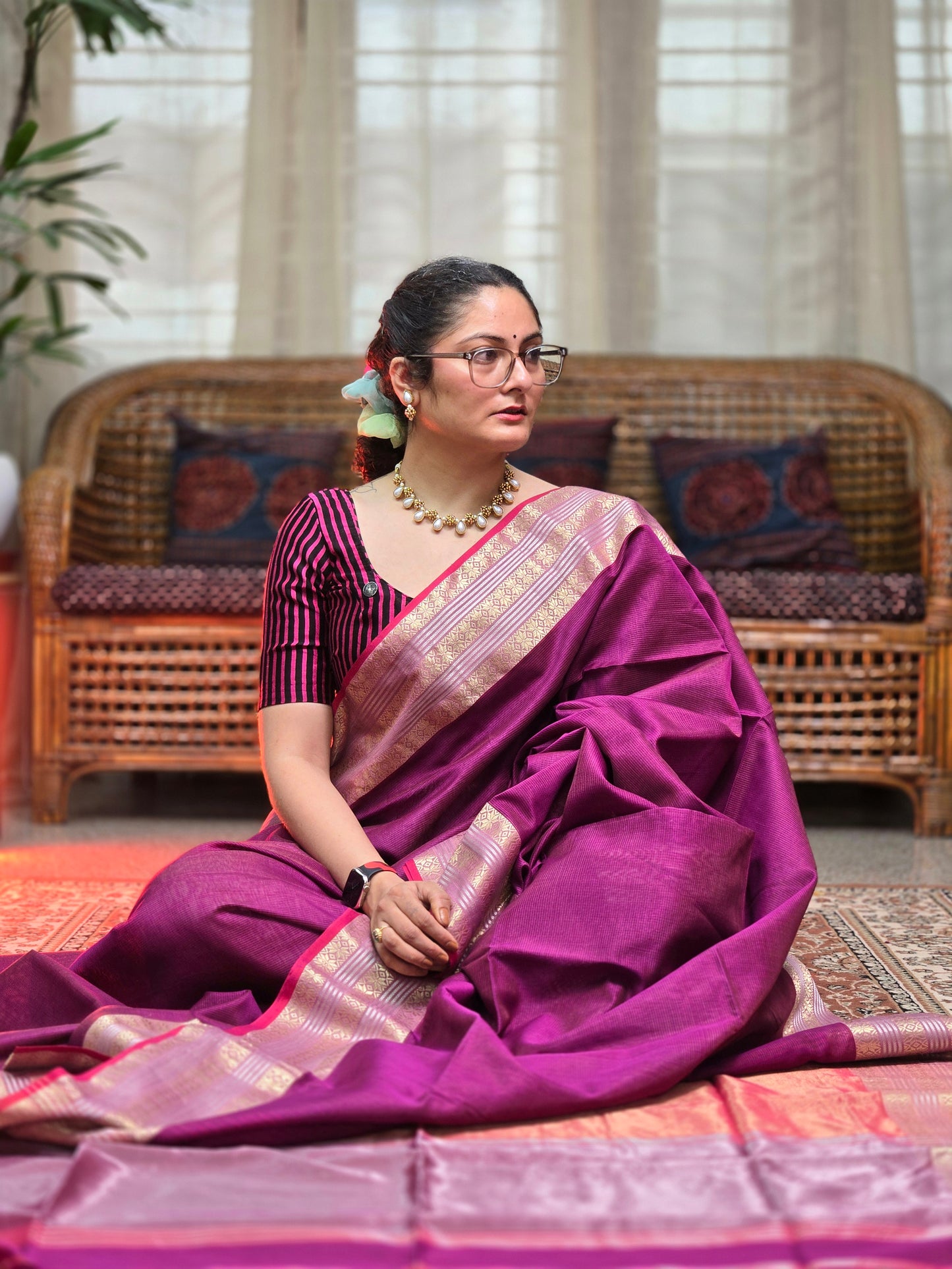 Magenta Silk Cotton Maheshwari Saree