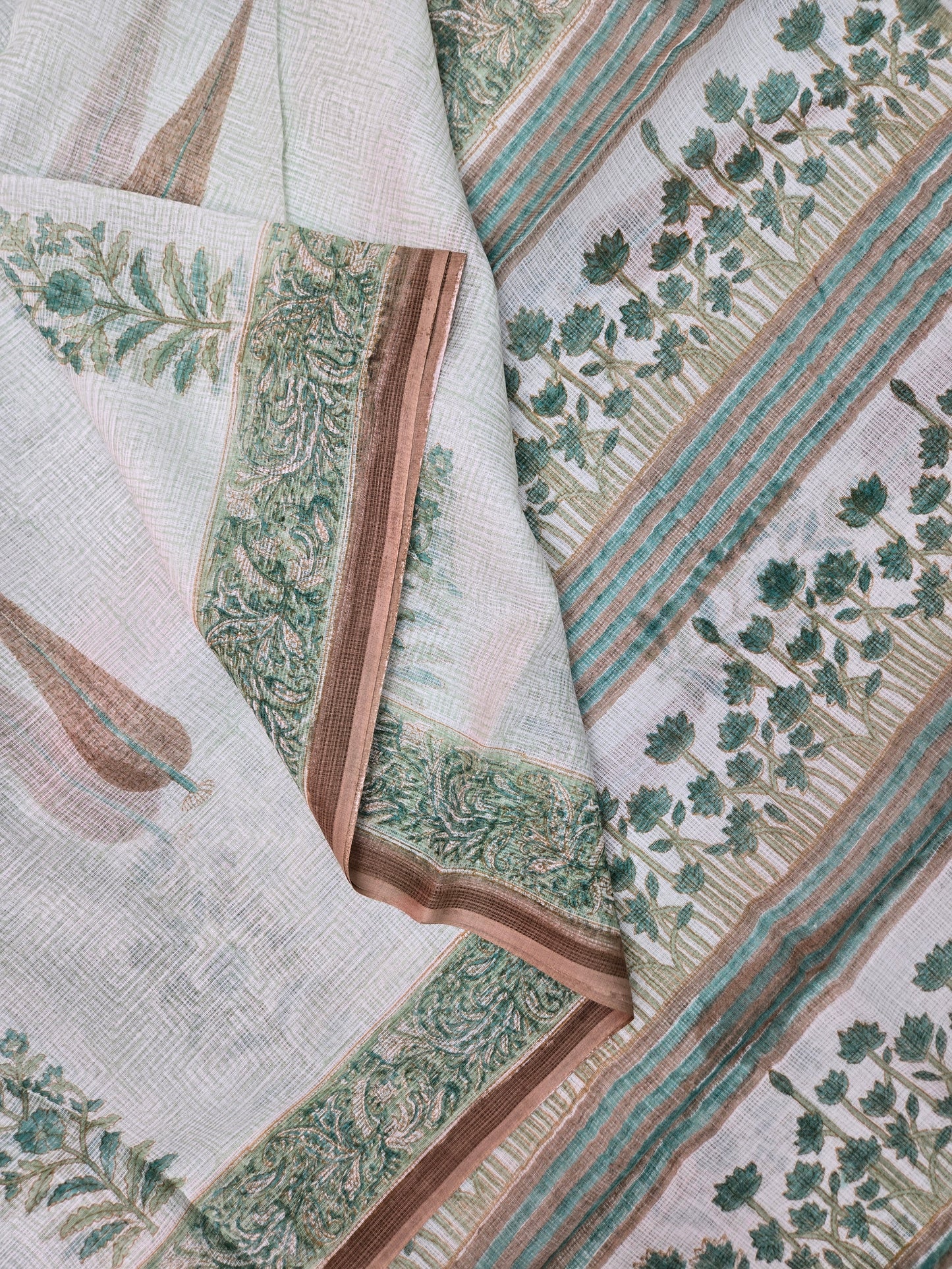 WHITE GREEN HANDBLOCK KOTA DORIYA SAREE