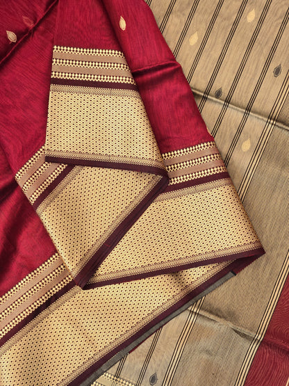 Maroon Silk Cotton Maheshwari Saree