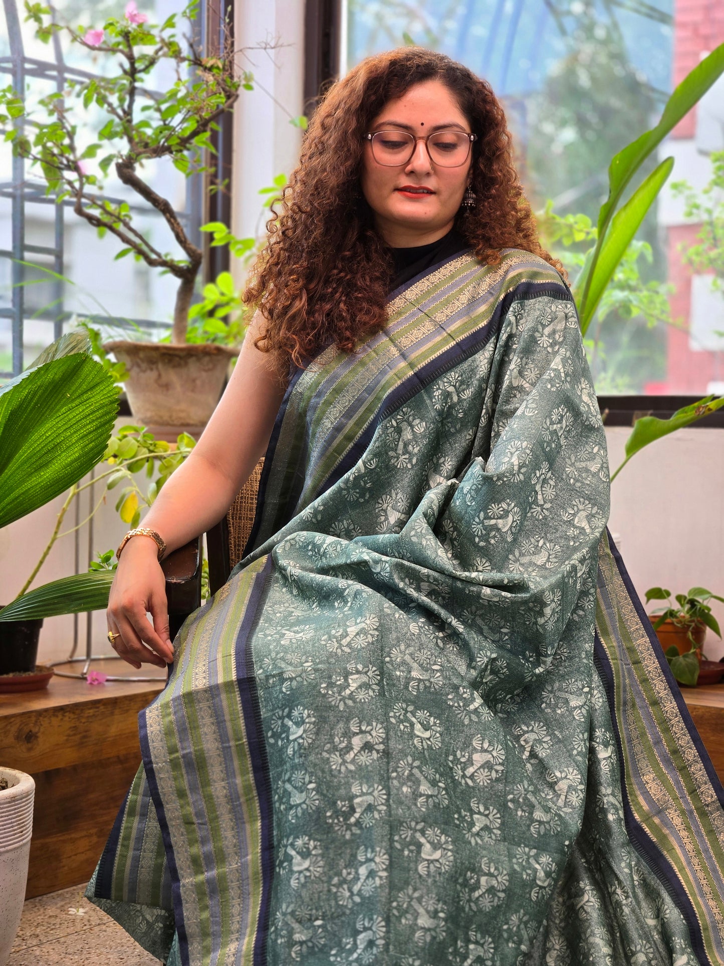 Green Printed Silk Cotton Saree 4