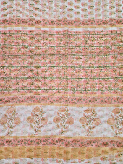 WHITE PEACH HANDBLOCK KOTA DORIYA SAREE