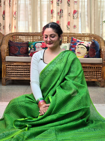 GREEN HANDBLOCK KOTA DORIYA SAREE
