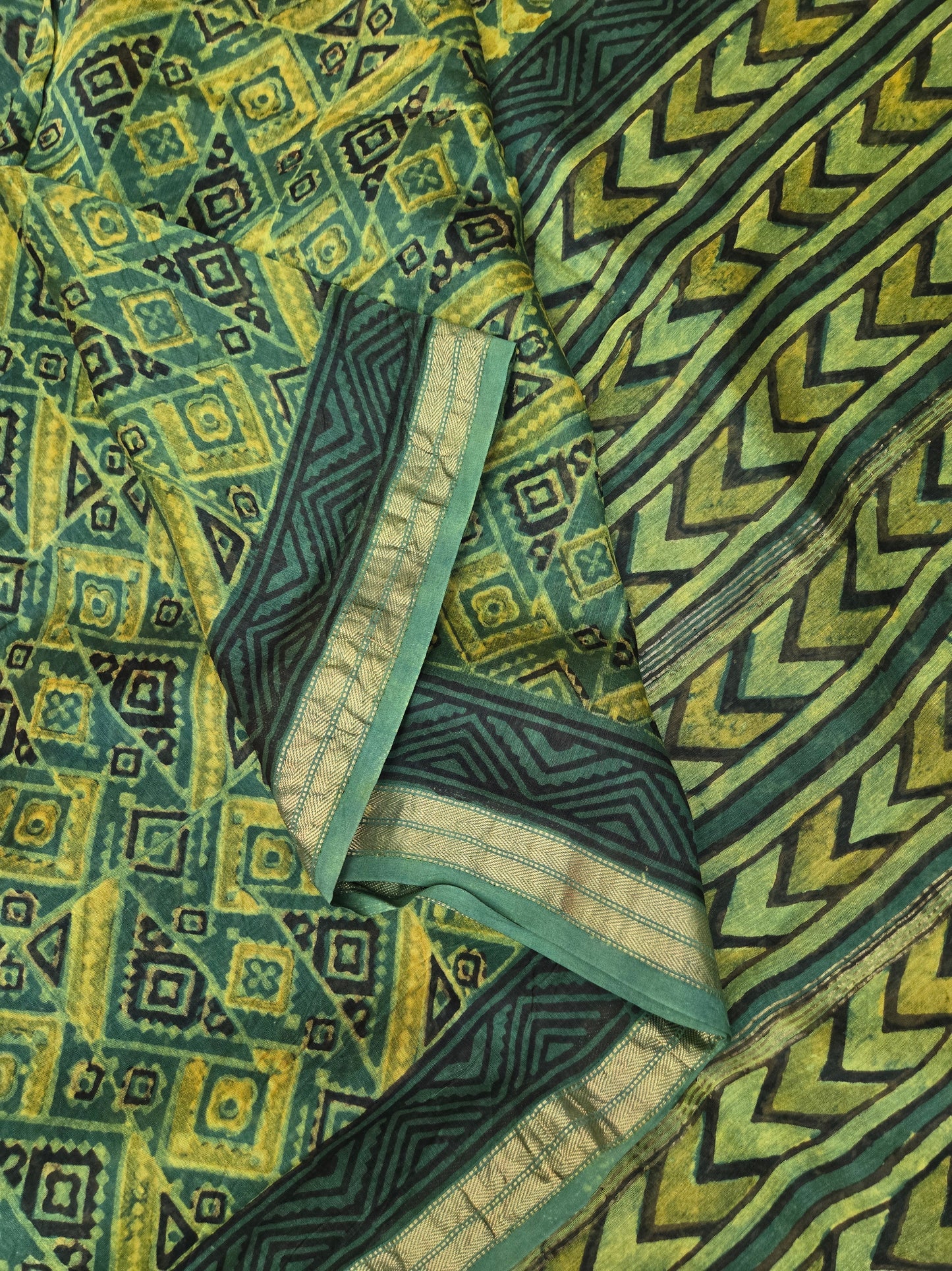 Green Silk Cotton Handblock Saree