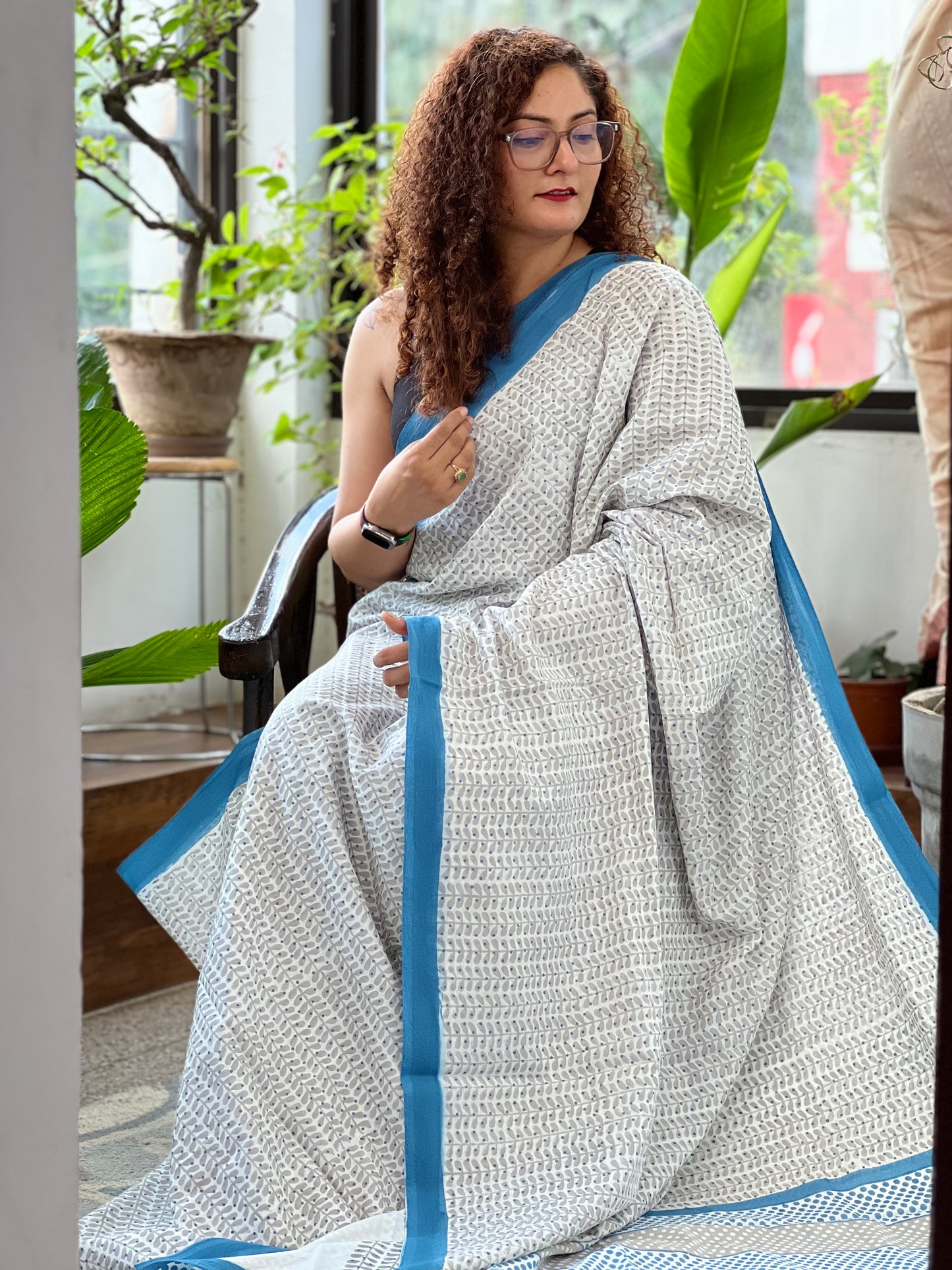 Grey Blue Printed Cotton Saree