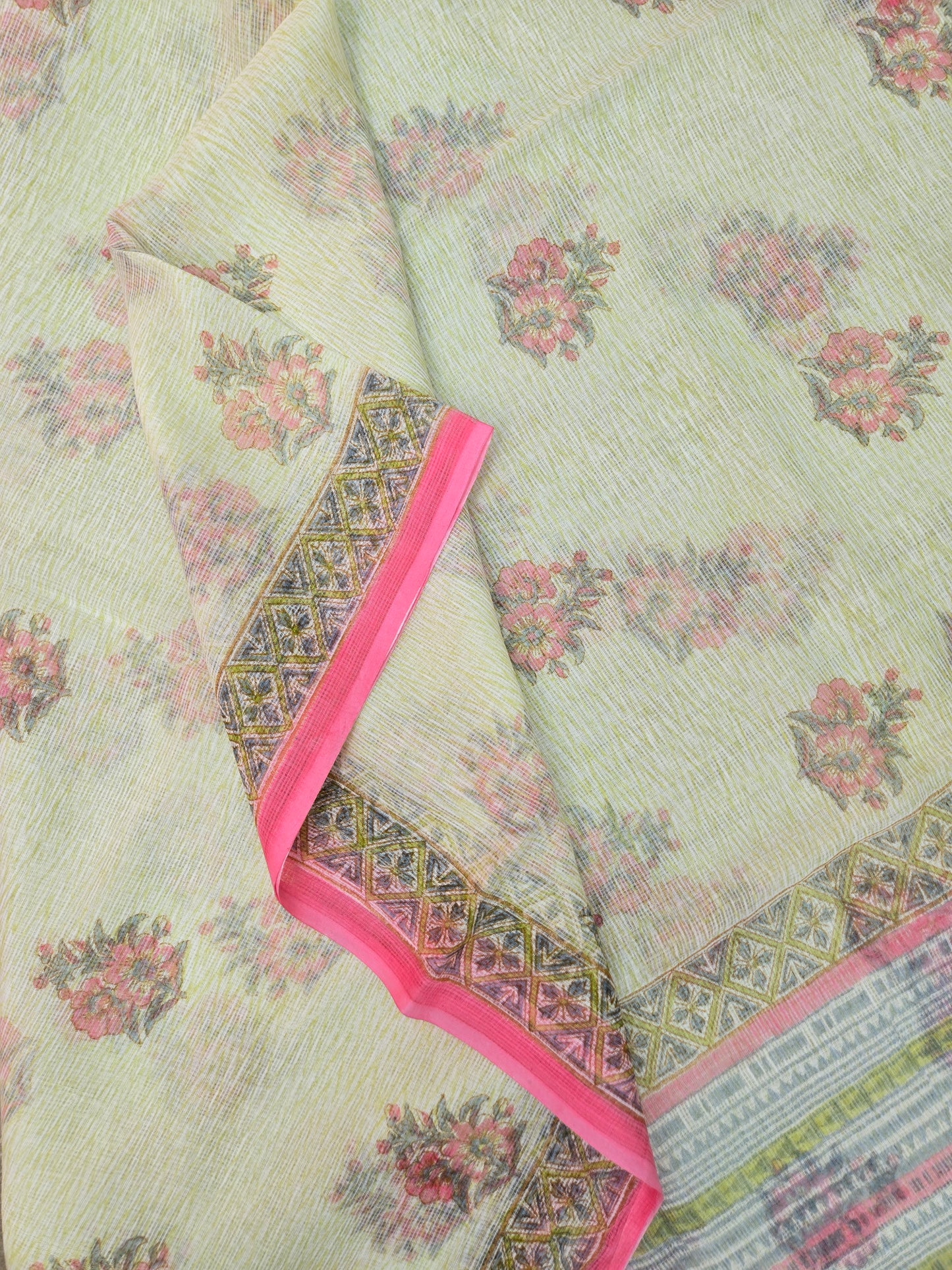 WHITE GREEN HANDBLOCK KOTA DORIYA SAREE