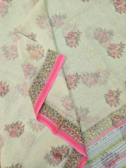 WHITE GREEN HANDBLOCK KOTA DORIYA SAREE