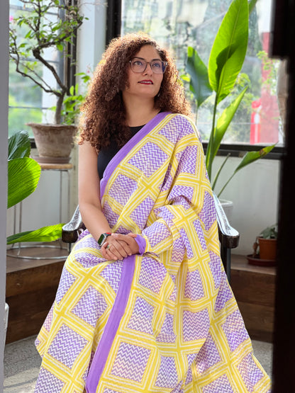 Yellow Purple Printed Cotton Saree