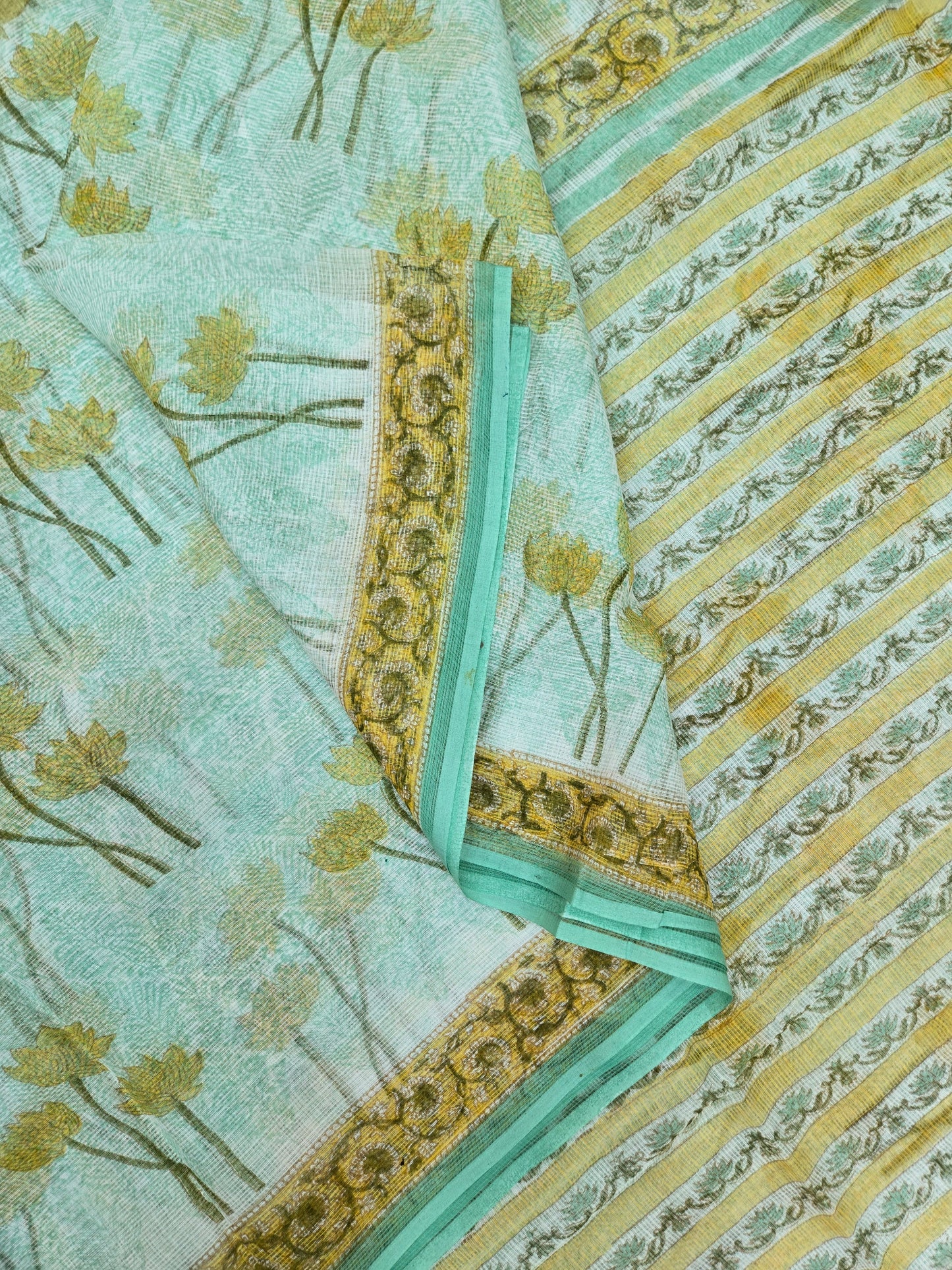 WHITE TURQUOISE HANDBLOCK KOTA DORIYA SAREE