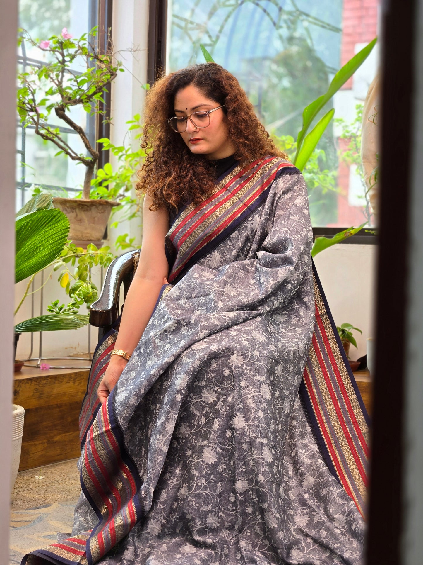 Grey Printed Silk Cotton Saree