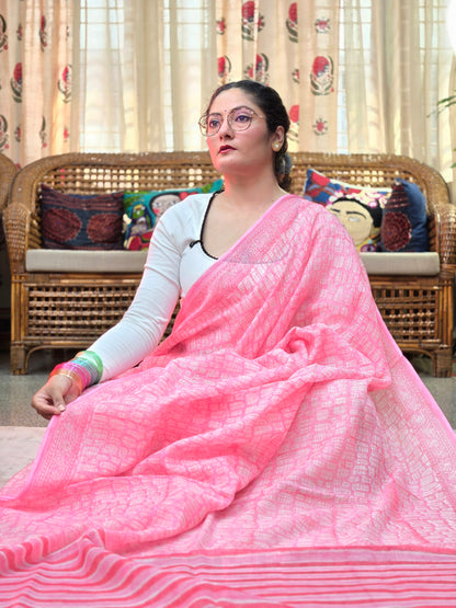 PINK HANDBLOCK KOTA DORIYA SAREE