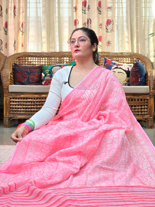 PINK HANDBLOCK KOTA DORIYA SAREE