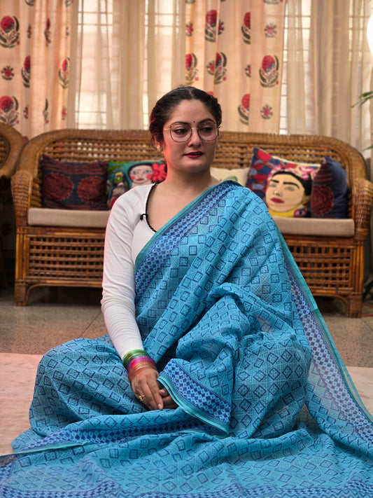 BLUE HANDBLOCK KOTA DORIYA SAREE