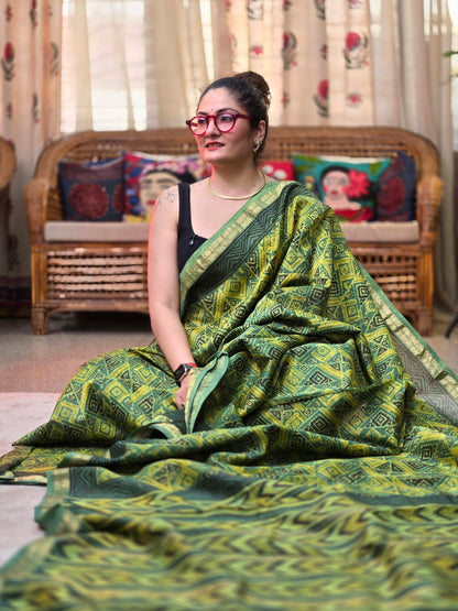 Green Silk Cotton Handblock Saree