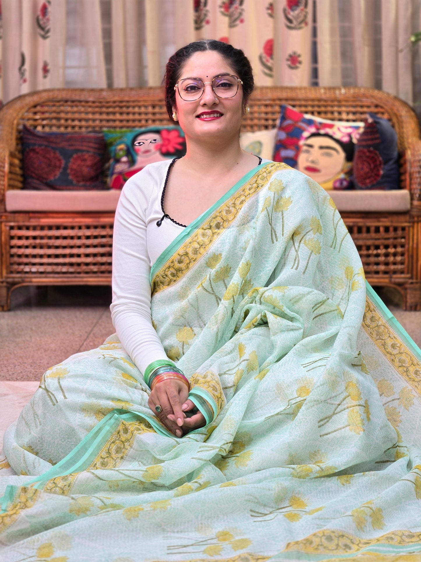 WHITE TURQUOISE HANDBLOCK KOTA DORIYA SAREE