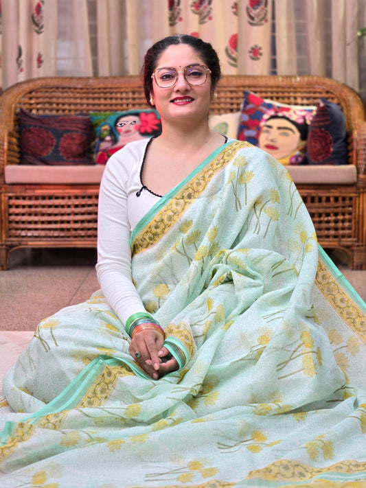 WHITE TURQUOISE HANDBLOCK KOTA DORIYA SAREE