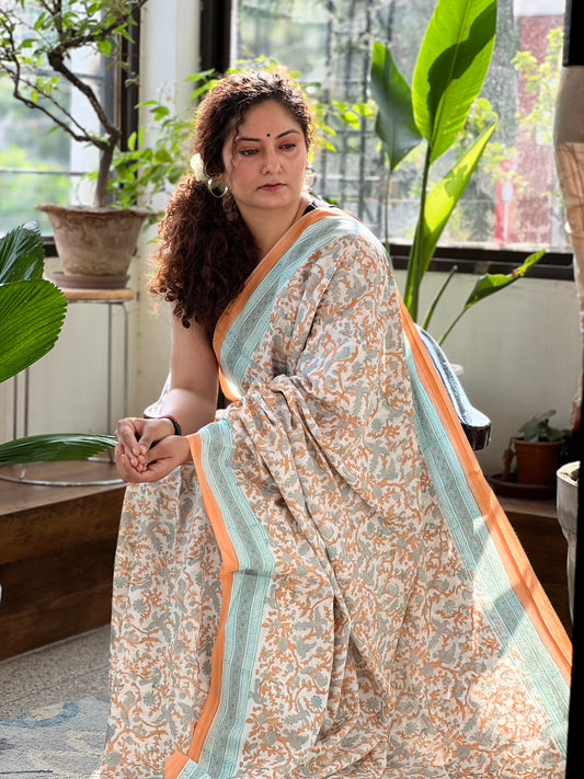 White Peach Printed Cotton Saree