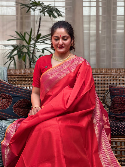 Coral Red Silk Cotton Maheshwari Saree