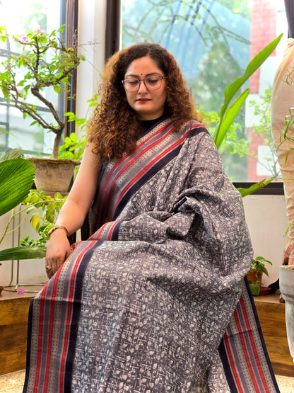 Grey Printed Silk Cotton Saree 1