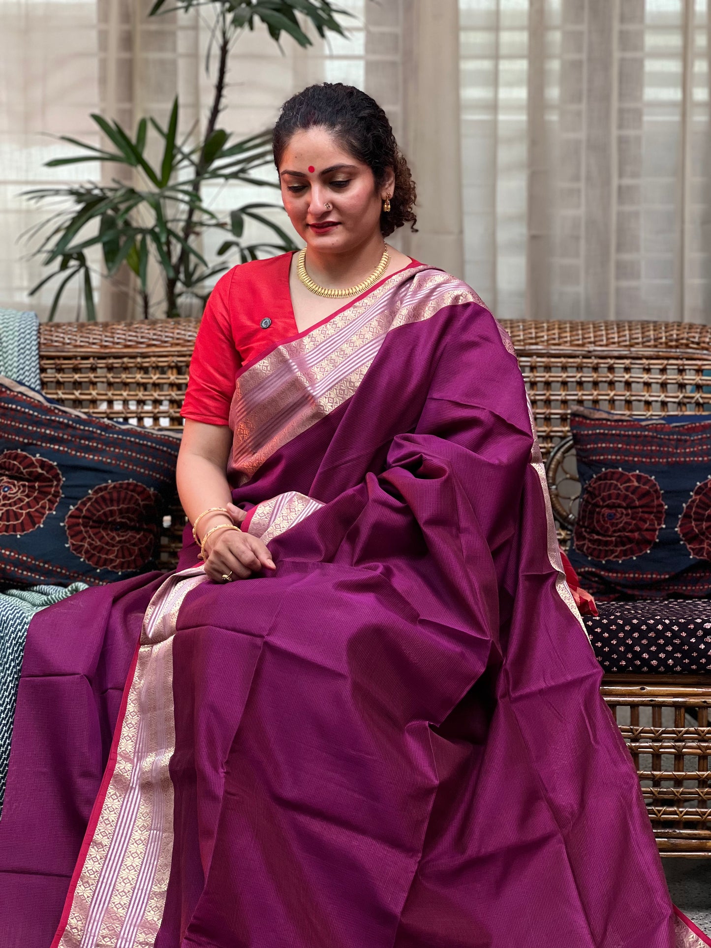 Magenta Silk Cotton Maheshwari Saree