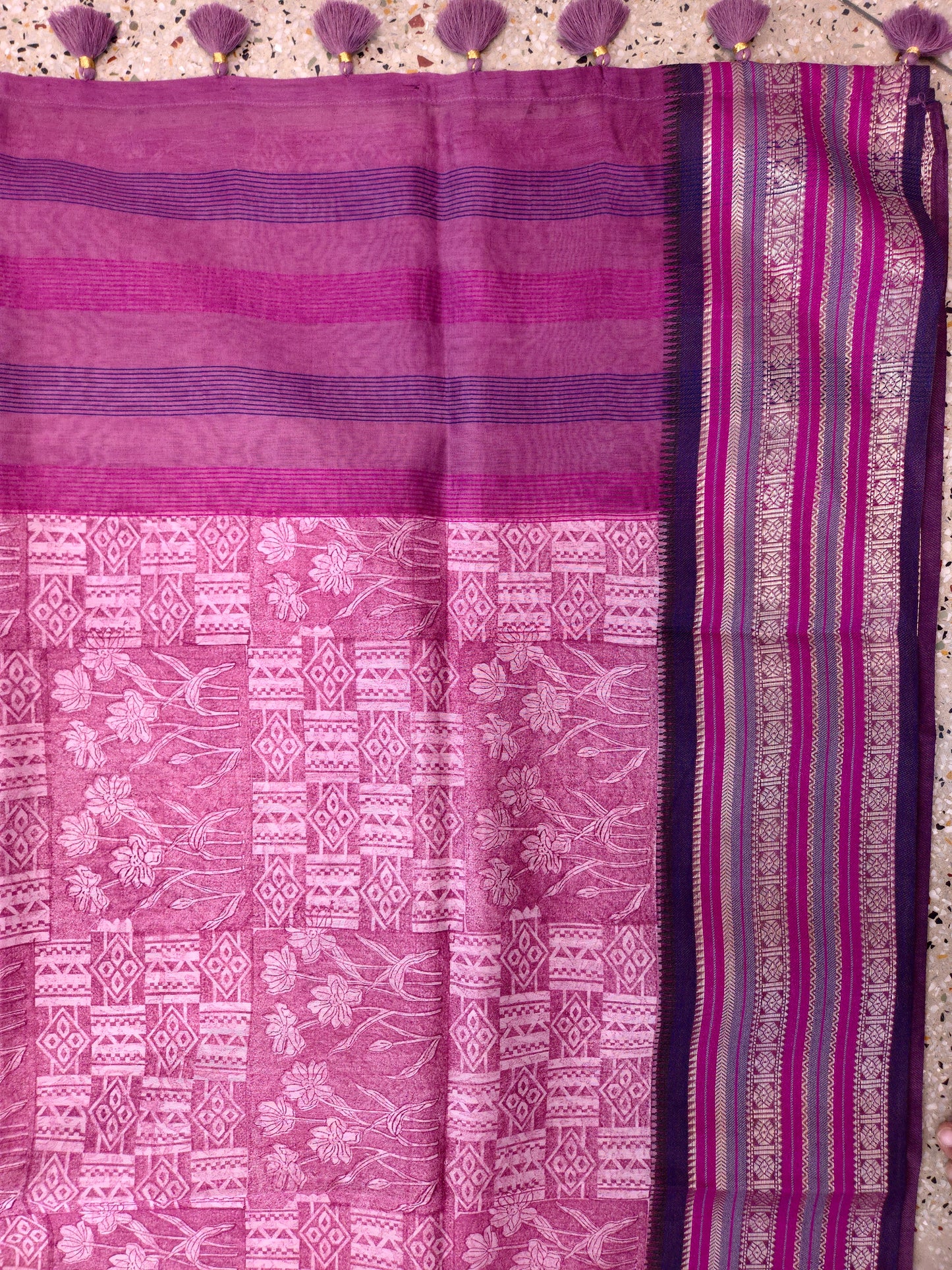 Magenta Pink Printed Silk Cotton Saree