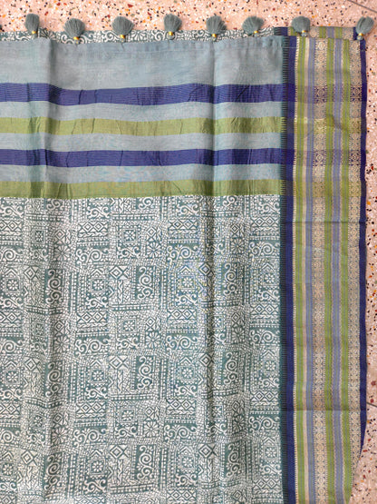 Green Printed Silk Cotton Saree 1