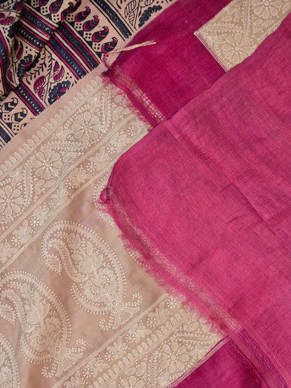 Blue Pink Printed Silk Saree