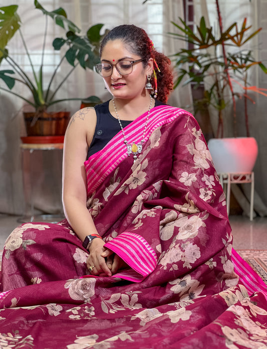 Magenta Printed Silk Cotton Kota Saree