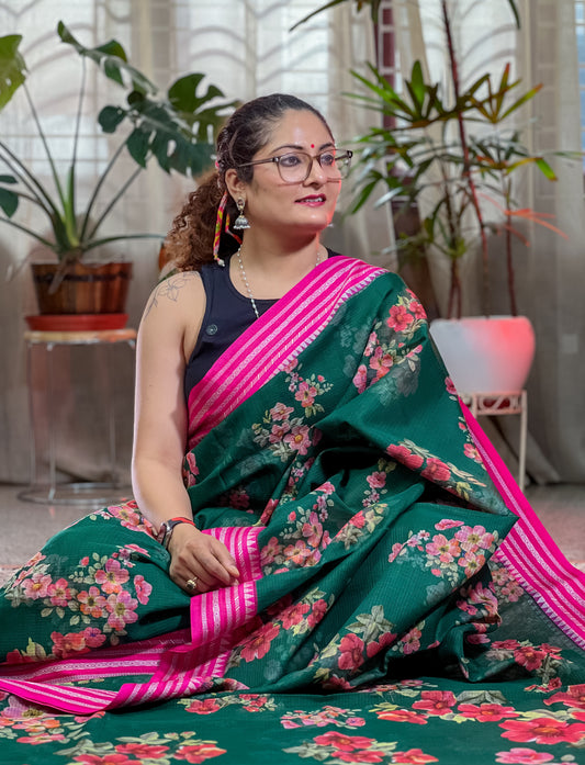 Green Printed Silk Cotton Kota Saree