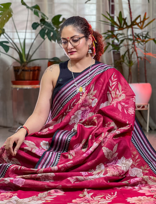 Magenta Printed Silk Cotton Kota Saree