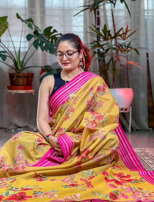 Yellow Printed Silk Cotton Kota Saree