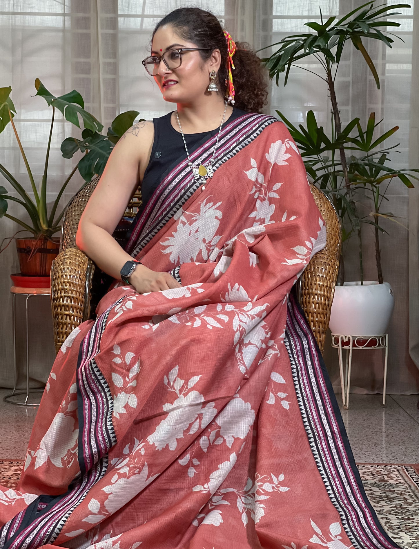 Peach Printed Silk Cotton Kota Saree