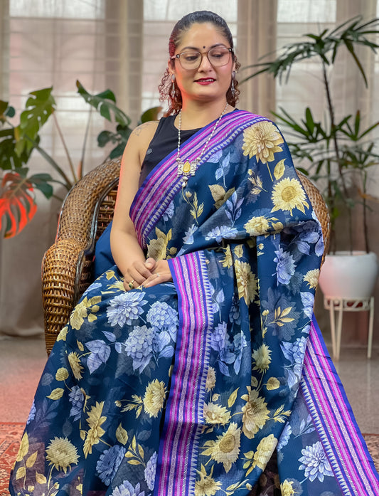 Blue Printed Kota Silk Cotton Saree