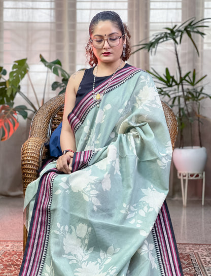 Pastel Green Printed Kota Silk Cotton Saree