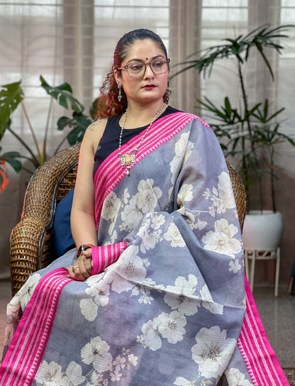 Grey Printed Silk Cotton Kota Saree