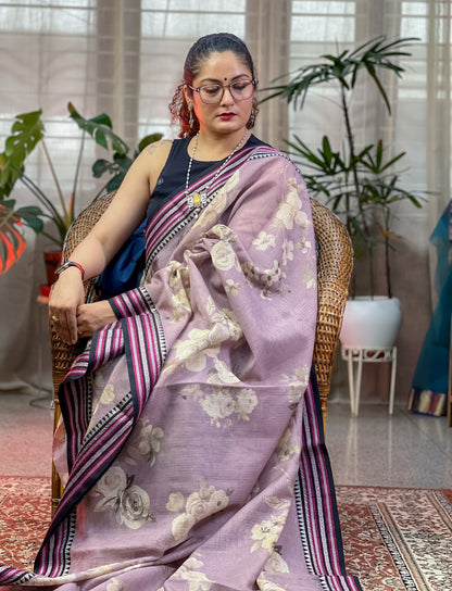 Pastel Pink Printed Silk Cotton Kota Saree