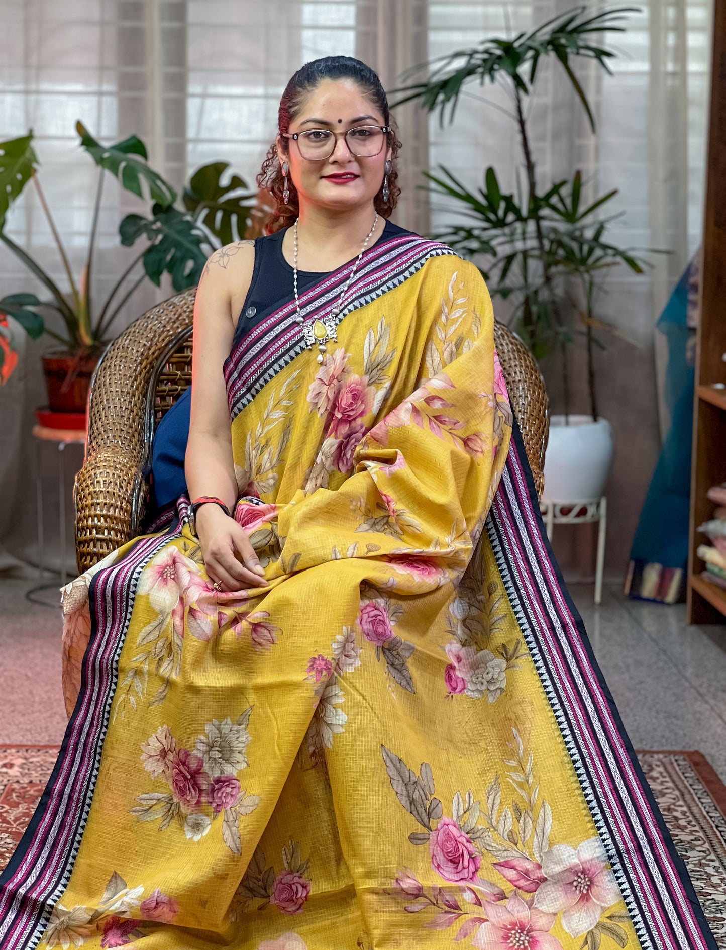 Yellow Printed Silk Cotton Kota Saree