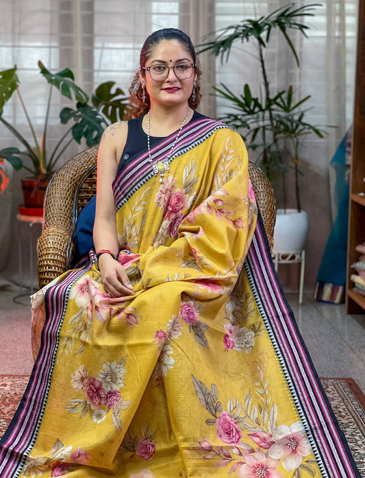 Yellow Printed Silk Cotton Kota Saree