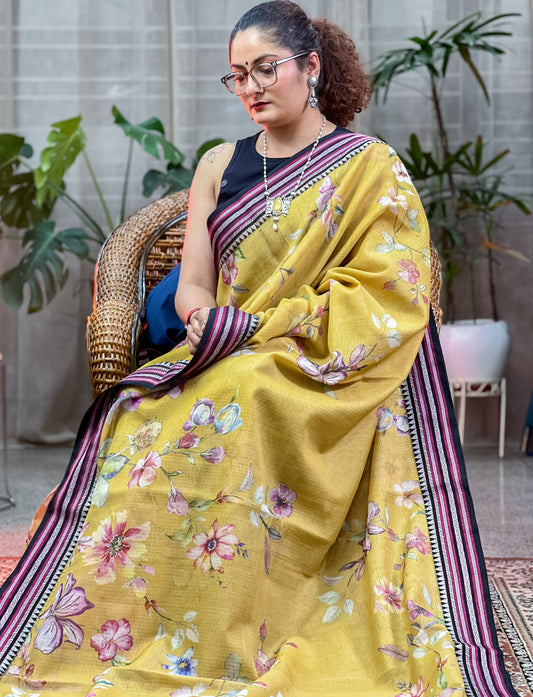 Yellow Printed Silk Cotton Kota Saree