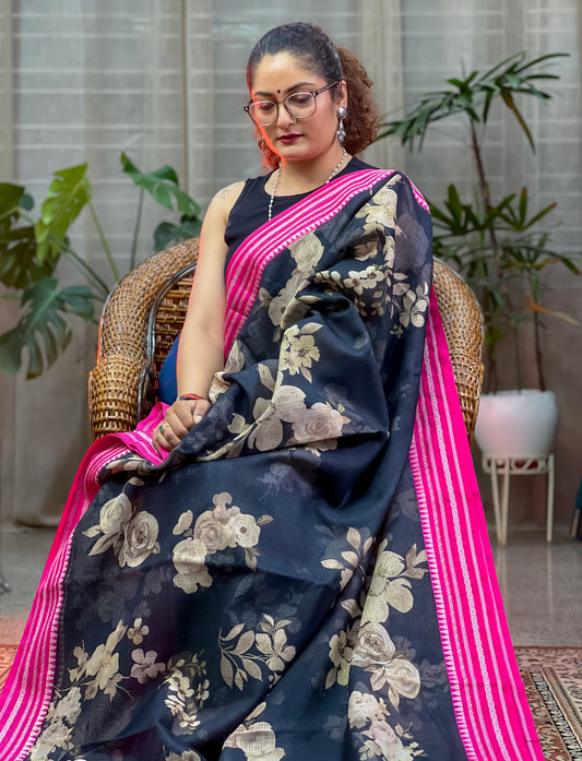 Blue Printed Silk Cotton Saree