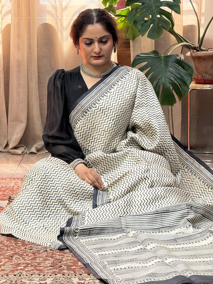 White Black Printed Pure Silk Saree