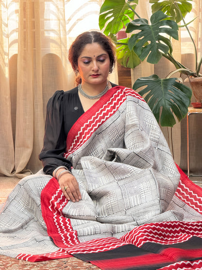 White Red Printed Silk Saree