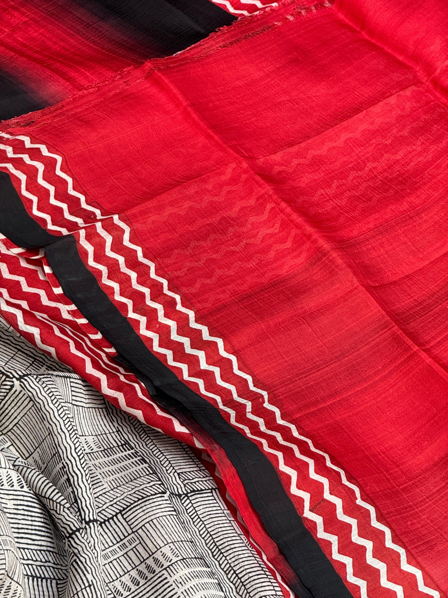 White Red Printed Silk Saree