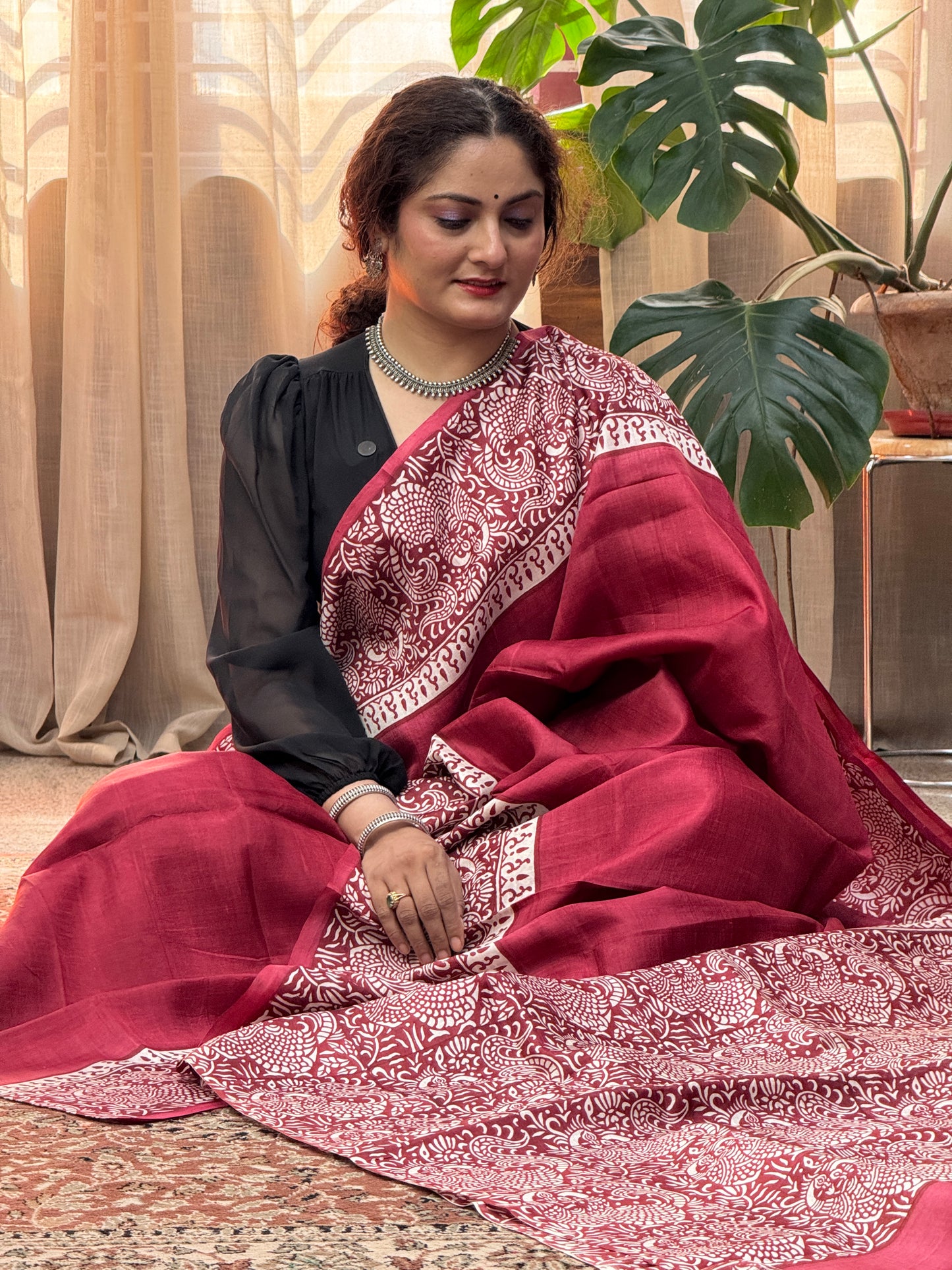 Red White Handblock Silk saree