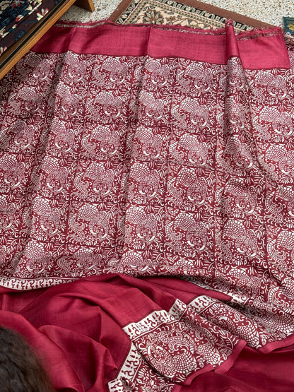 Red White Handblock Silk saree