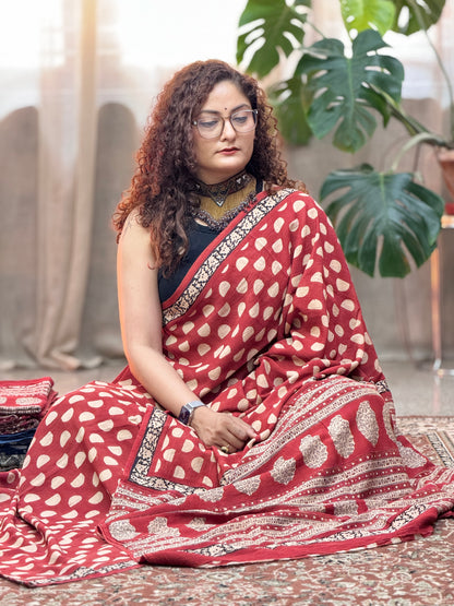 Red Handblock Cotton Saree