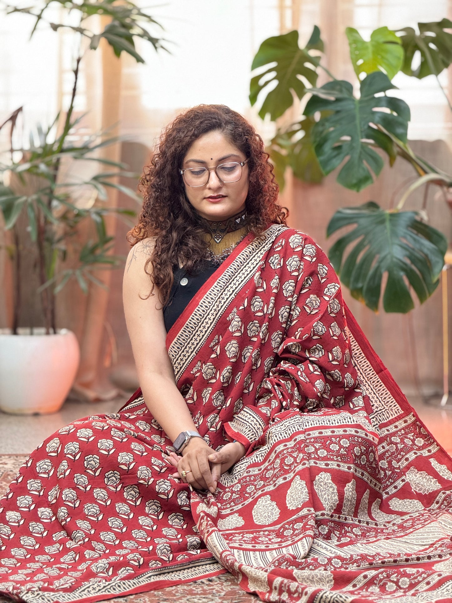 Red Handblock Printed Cotton Saree