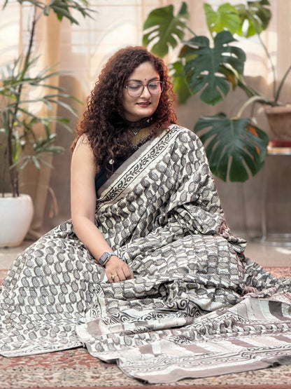 Grey Handblock Printed Cotton Saree