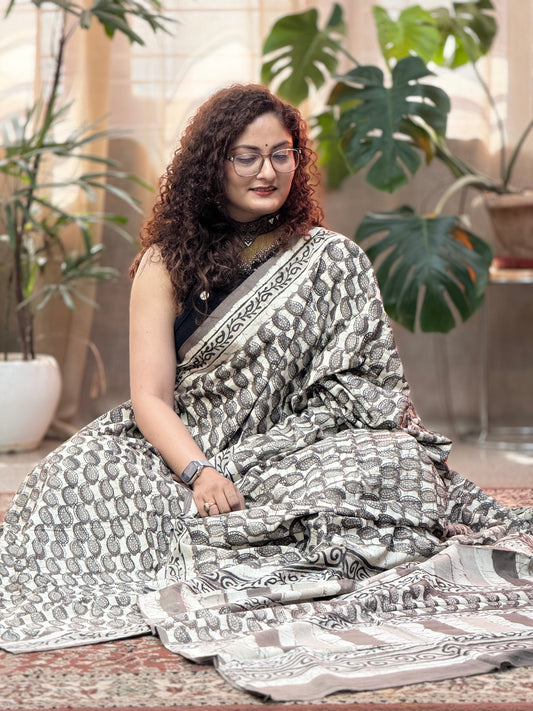 Grey Handblock Printed Cotton Saree